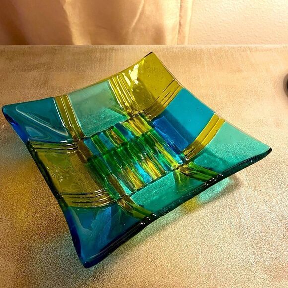 Fused glass square dish signed by artist Anne Welch - Picture 1 of 6